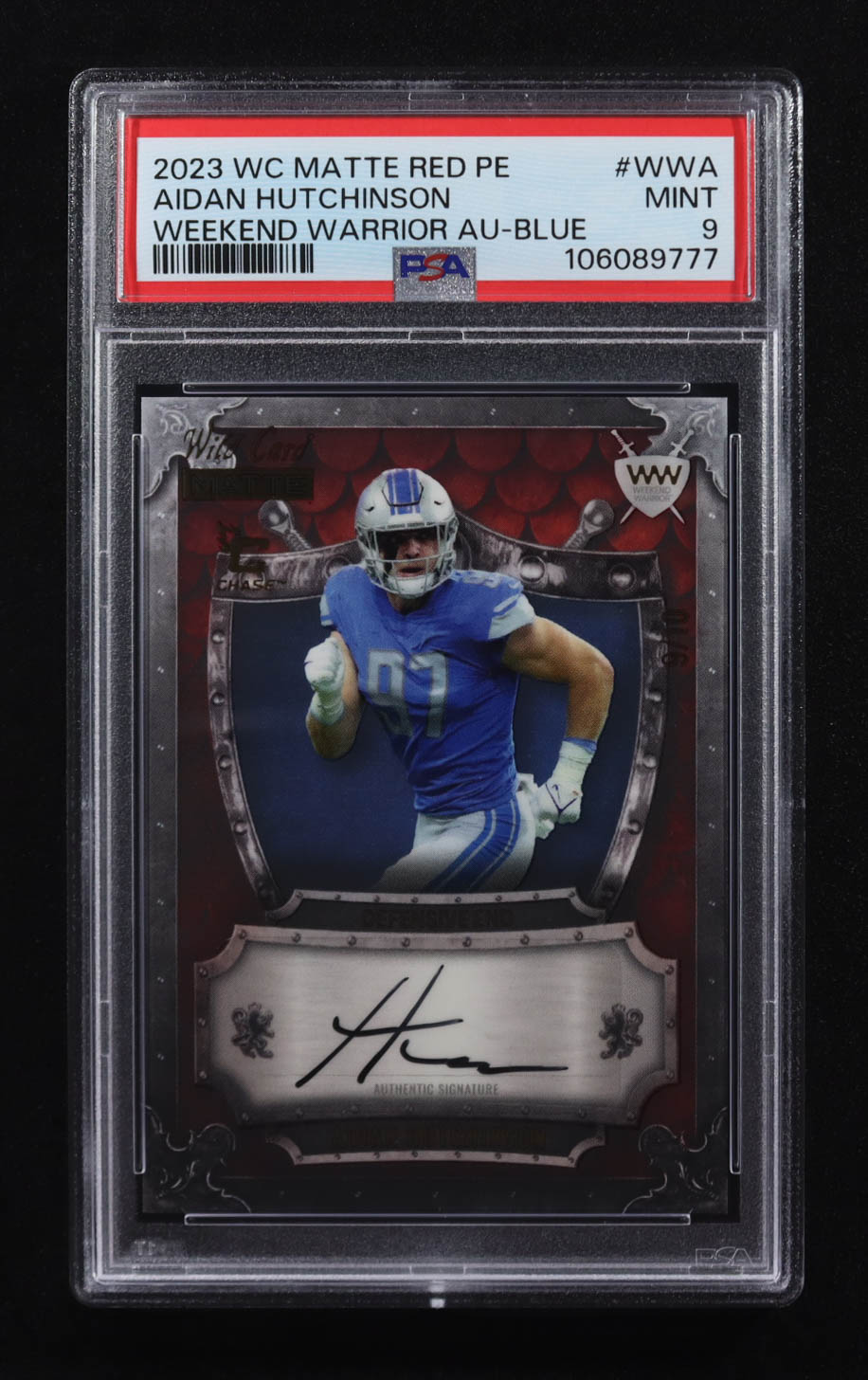 Aidan Hutchinson 2023 Wild Card Matte Red PE Weekend Warrior Blue Autographs #WW-A RC #9/10 (PSA 9) at PristineAuction.com Aidan Hutchinson 2023 Wild Card Matte Red PE Weekend Warrior Blue Autographs #WW-A RC #9/10 (PSA 9) at PristineAuction.com