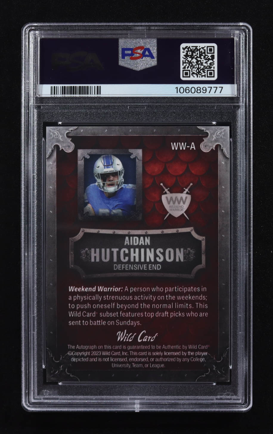 Aidan Hutchinson 2023 Wild Card Matte Red PE Weekend Warrior Blue Autographs #WW-A RC #9/10 (PSA 9) at PristineAuction.com Aidan Hutchinson 2023 Wild Card Matte Red PE Weekend Warrior Blue Autographs #WW-A RC #9/10 (PSA 9) at PristineAuction.com