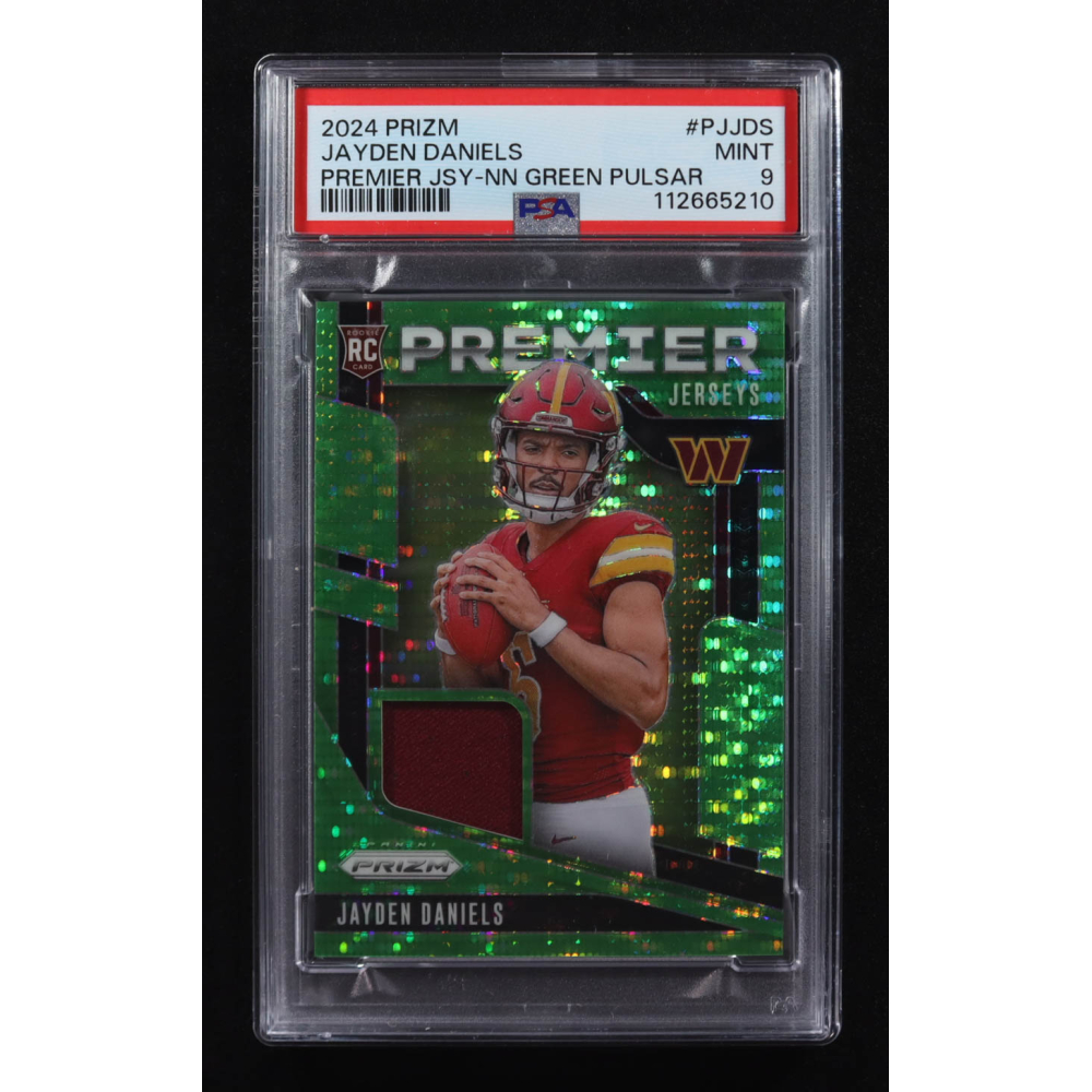 Jayden Daniels 2024 Panini Premier Jerseys Neon Green Pulsar Prizm #PJ-JDS RC (PSA 9) at PristineAuction.com