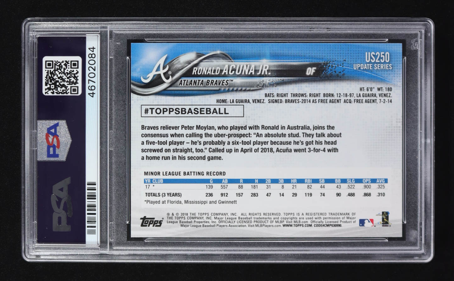 Ronald Acuna Jr. 2018 Topps Update #US250 RC (PSA 10) at PristineAuction.com Ronald Acuna Jr. 2018 Topps Update #US250 RC (PSA 10) at PristineAuction.com