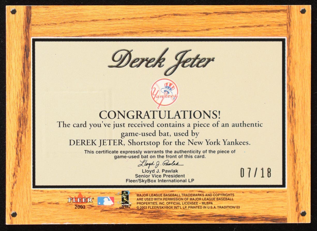 Derek Jeter 2003 Fleer Tradition Lumber Company Game Used Gold #DJ #07/18 at PristineAuction.com Derek Jeter 2003 Fleer Tradition Lumber Company Game Used Gold #DJ #07/18 at PristineAuction.com