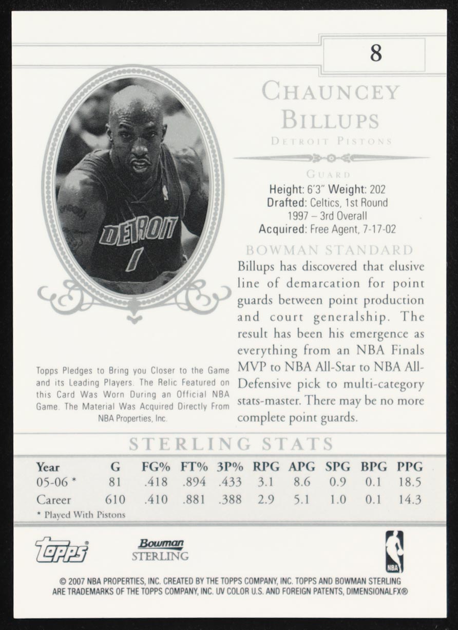 Chauncey Billups 2006-07 Bowman Sterling JSY #8 at PristineAuction.com Chauncey Billups 2006-07 Bowman Sterling JSY #8 at PristineAuction.com