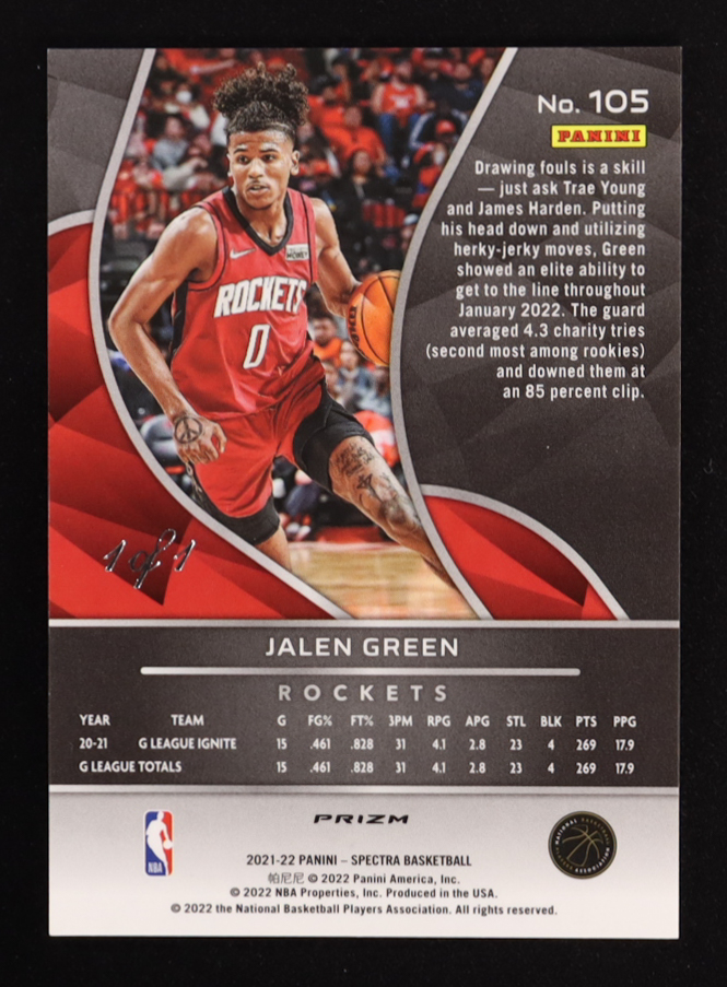 Jalen Green 2021-22 Panini Spectra #105 Asia Black RC #1/1 at PristineAuction.com Jalen Green 2021-22 Panini Spectra #105 Asia Black RC #1/1 at PristineAuction.com