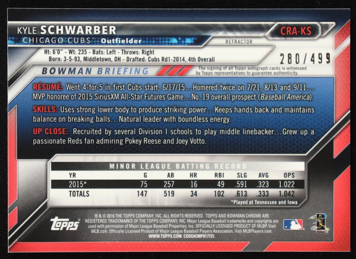 Kyle Schwarber 2016 Bowman Chrome Rookie Autographs Refractors #CRAKS #280/499 RC at PristineAuction.com Kyle Schwarber 2016 Bowman Chrome Rookie Autographs Refractors #CRAKS #280/499 RC at PristineAuction.com