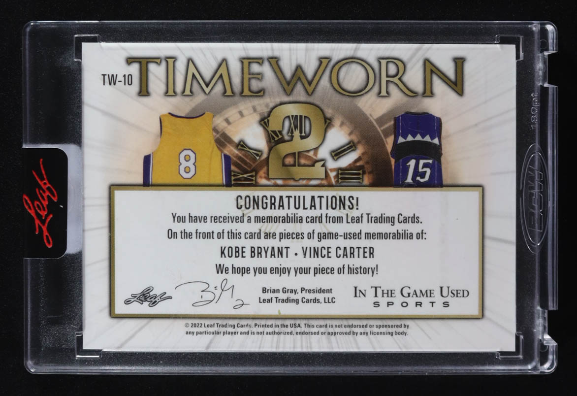 Kobe Bryant / Vince Carter 2022 Leaf In The Game Used Sports TimeWorn Memorabilia #TW-10 #3/15 at PristineAuction.com Kobe Bryant / Vince Carter 2022 Leaf In The Game Used Sports TimeWorn Memorabilia #TW-10 #3/15 at PristineAuction.com