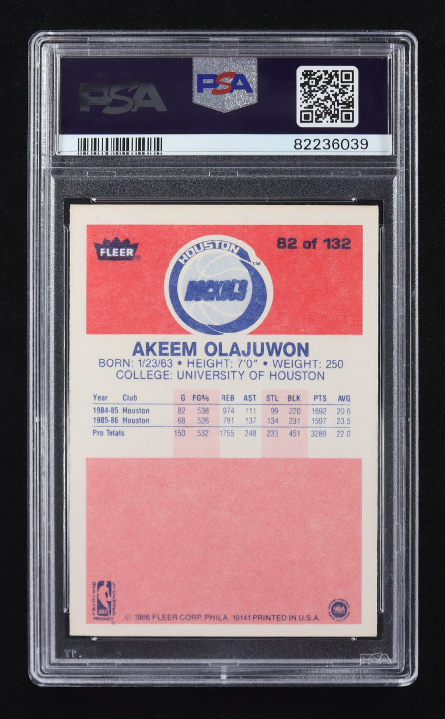 Hakeem Olajuwon 1986-87 Fleer #82 RC (PSA 6) at PristineAuction.com Hakeem Olajuwon 1986-87 Fleer #82 RC (PSA 6) at PristineAuction.com