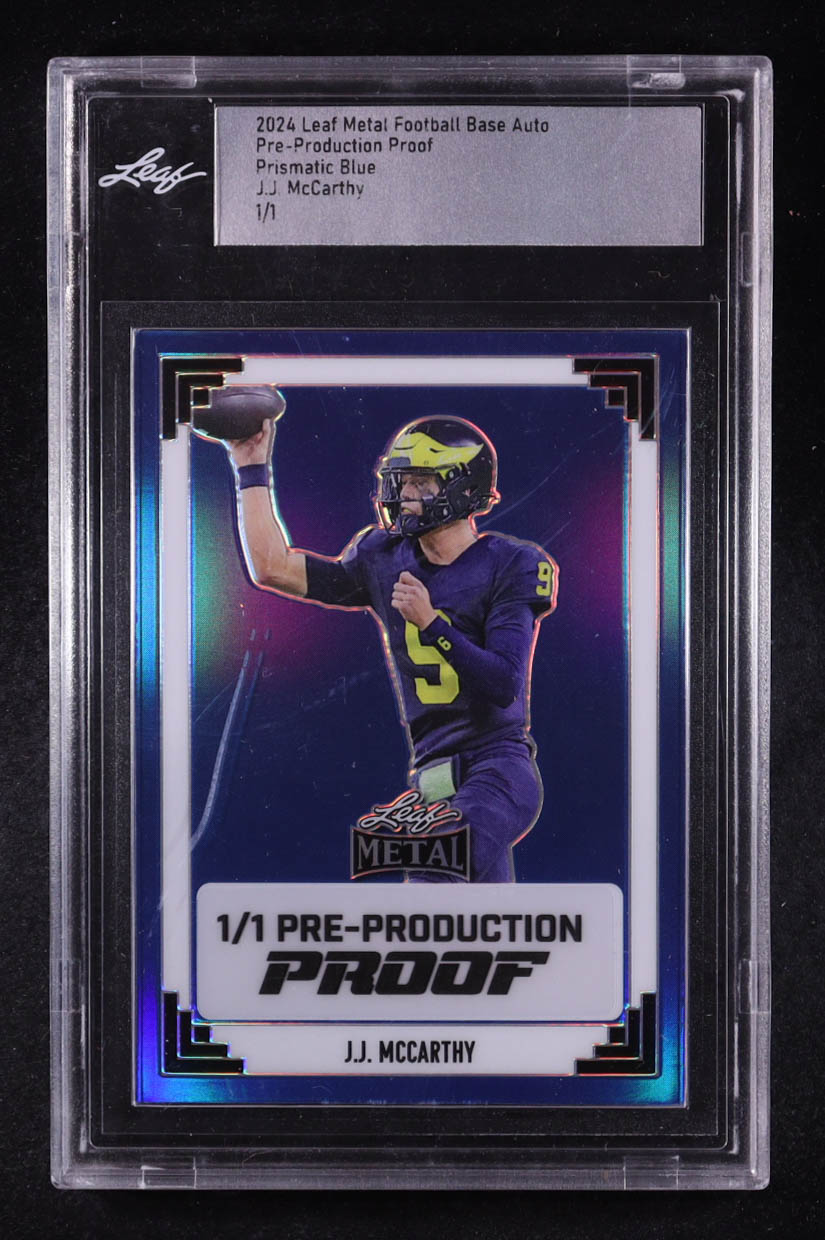 J.J McCarthy 2024 Leaf Metal Football Base Auto Prismatic Blue Pre-Production Proof #NNO #1/1 (Leaf) at PristineAuction.com J.J McCarthy 2024 Leaf Metal Football Base Auto Prismatic Blue Pre-Production Proof #NNO #1/1 (Leaf) at PristineAuction.com