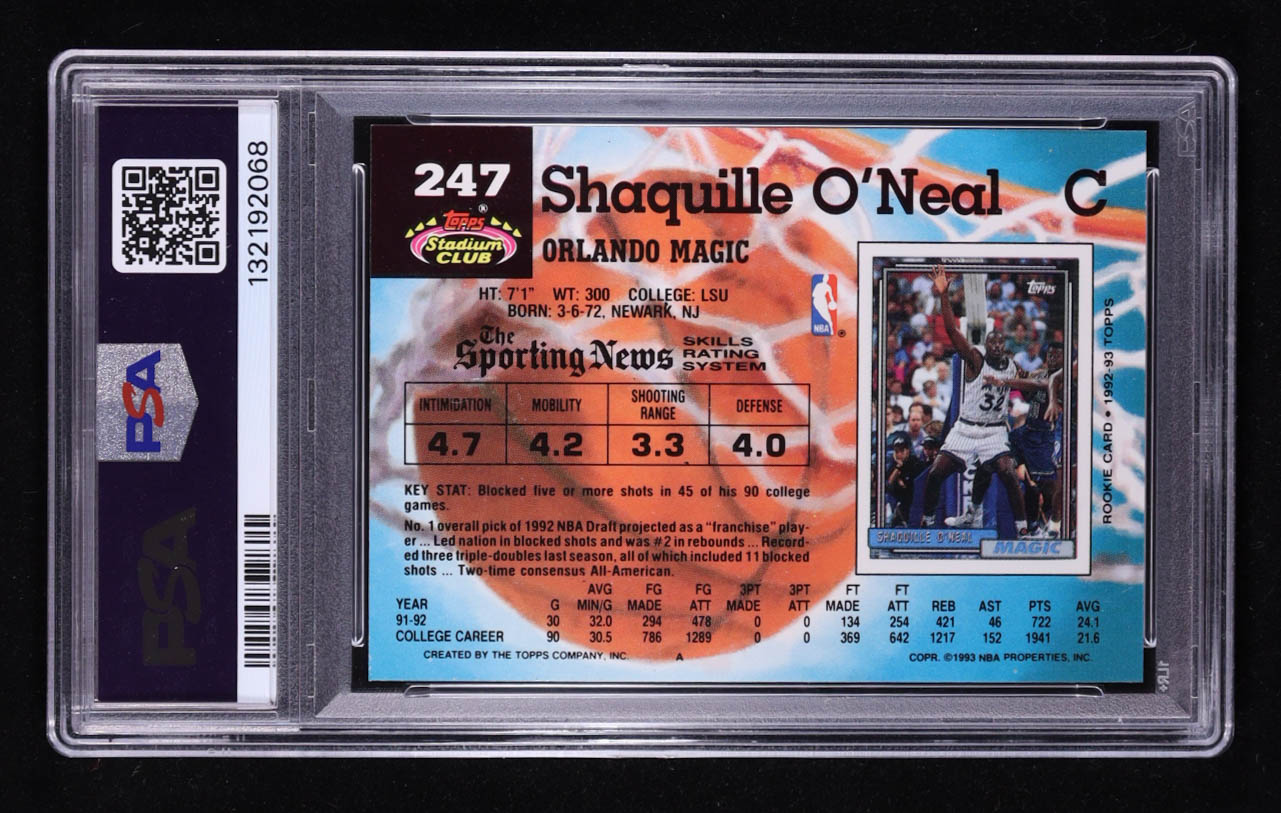 Shaquille O'Neal 1992-93 Stadium Club #247 RC (PSA 9) at PristineAuction.com Shaquille O'Neal 1992-93 Stadium Club #247 RC (PSA 9) at PristineAuction.com