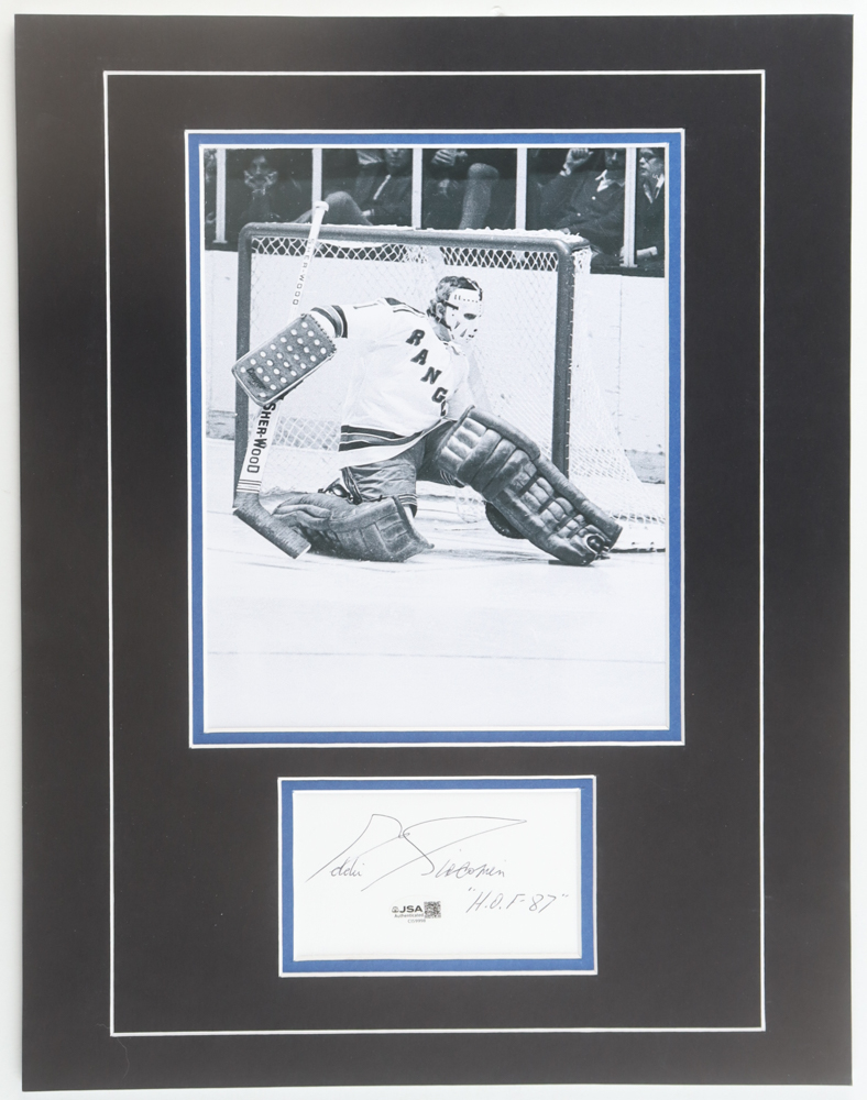 Ed Giacomin Signed Rangers Custom Matted Cut Display with Photo Inscribed "HOF 87" (JSA) at PristineAuction.com Ed Giacomin Signed Rangers Custom Matted Cut Display with Photo Inscribed "HOF 87" (JSA) at PristineAuction.com