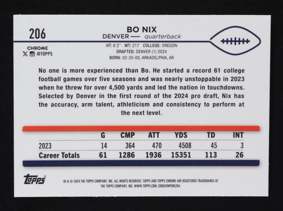 Bo Nix 2024 Topps Chrome Prism Refractors #206 RC at PristineAuction.com Bo Nix 2024 Topps Chrome Prism Refractors #206 RC at PristineAuction.com