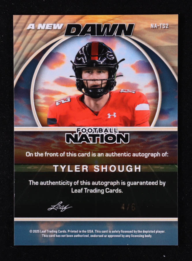 Tyler Shough 2025 Leaf Football Nation A New Dawn Autographs Lava Pink #NA-TS2 #4/6 RC at PristineAuction.com Tyler Shough 2025 Leaf Football Nation A New Dawn Autographs Lava Pink #NA-TS2 #4/6 RC at PristineAuction.com