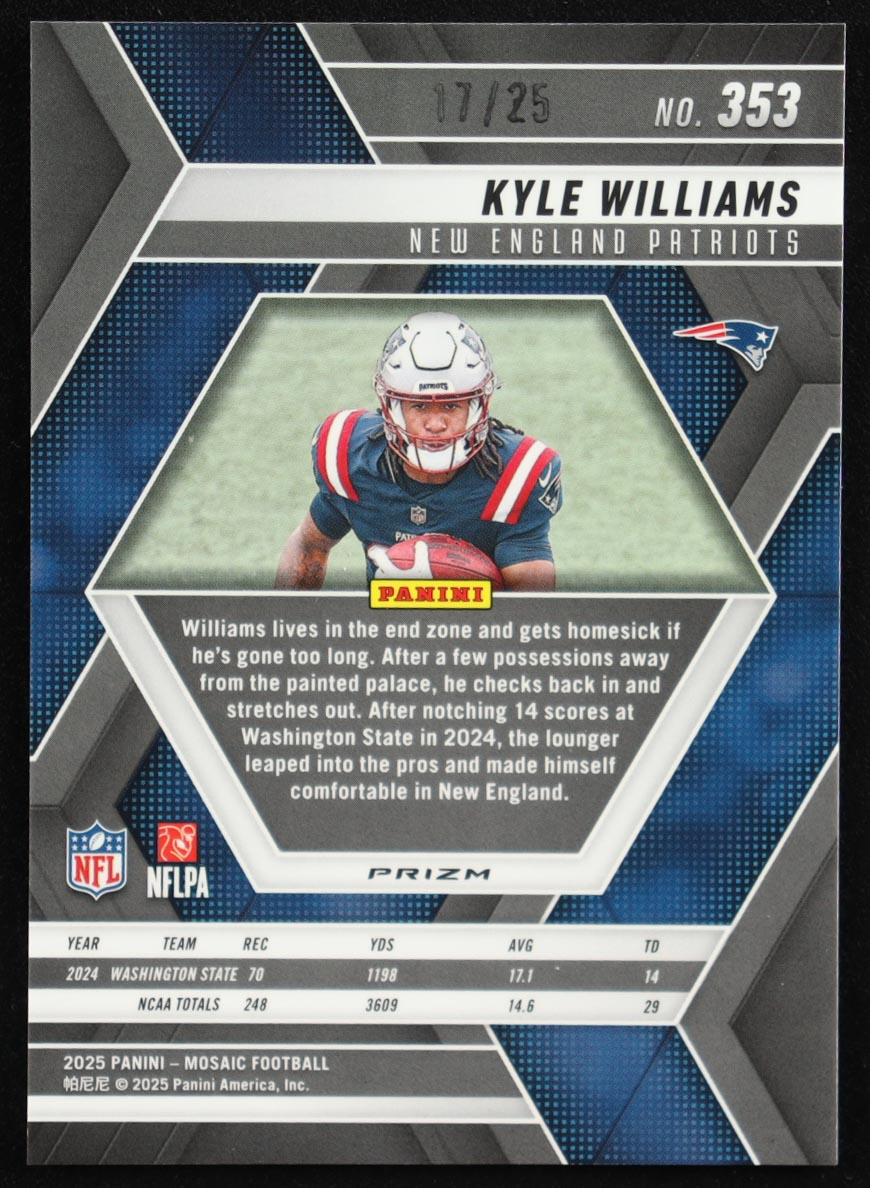 Kyle Williams 2025 Panini Mosaic Mosaic White #353 #17/25 RC at PristineAuction.com Kyle Williams 2025 Panini Mosaic Mosaic White #353 #17/25 RC at PristineAuction.com