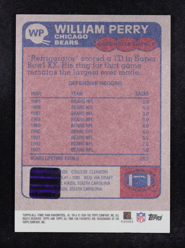 William Perry 2004 Topps Fan Favorites Autographs #WP at PristineAuction.com William Perry 2004 Topps Fan Favorites Autographs #WP at PristineAuction.com