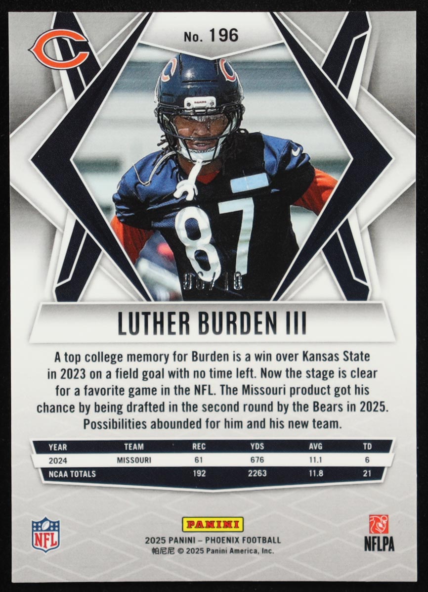 Luther Burden III 2025 Panini Phoenix ColorBurst #196 #6/10 RC at PristineAuction.com Luther Burden III 2025 Panini Phoenix ColorBurst #196 #6/10 RC at PristineAuction.com