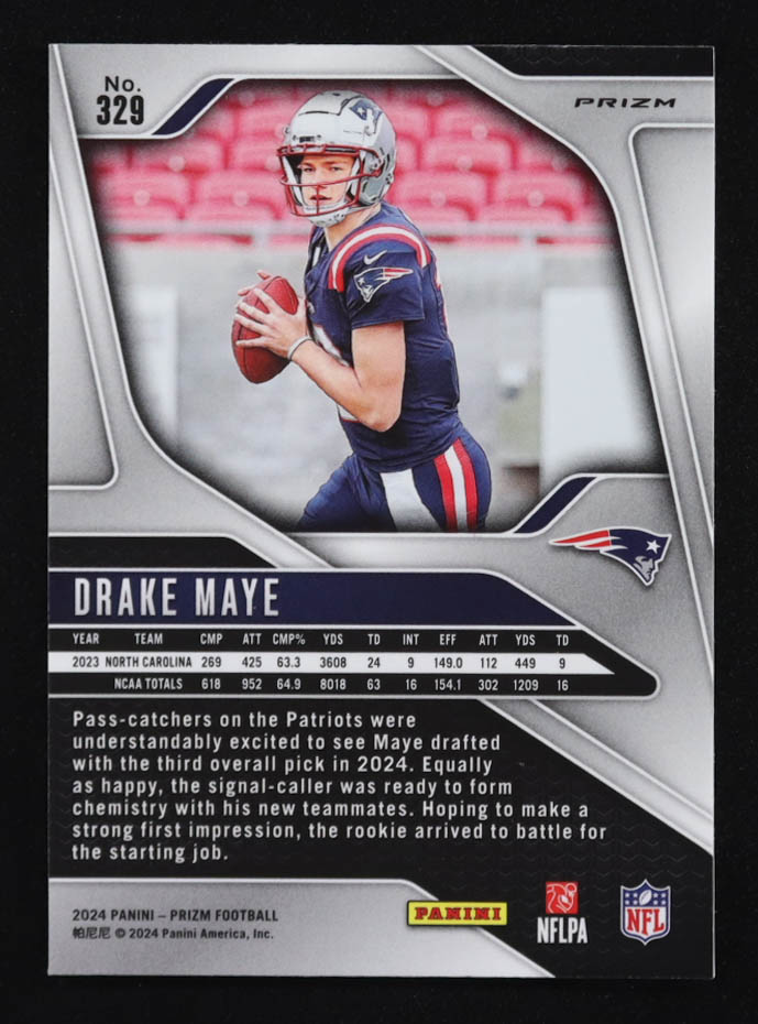 Drake Maye 2024 Panini Prizm Prizms Red White and Blue #329 RC at PristineAuction.com Drake Maye 2024 Panini Prizm Prizms Red White and Blue #329 RC at PristineAuction.com