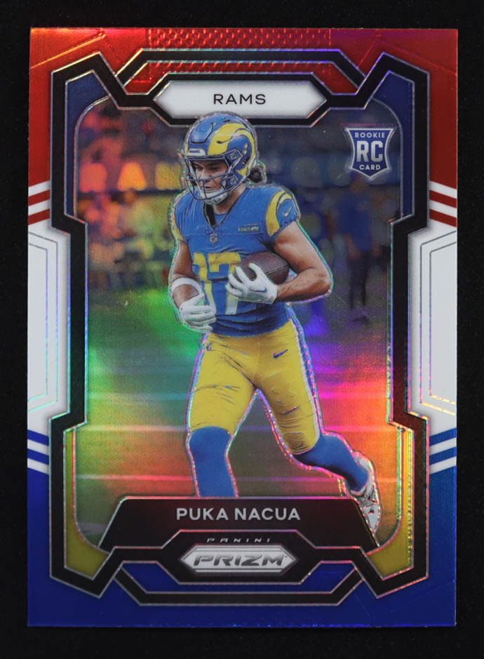 Puka Nacua 2023 Panini Prizm Prizms Red White and Blue #357 RC at PristineAuction.com Puka Nacua 2023 Panini Prizm Prizms Red White and Blue #357 RC at PristineAuction.com