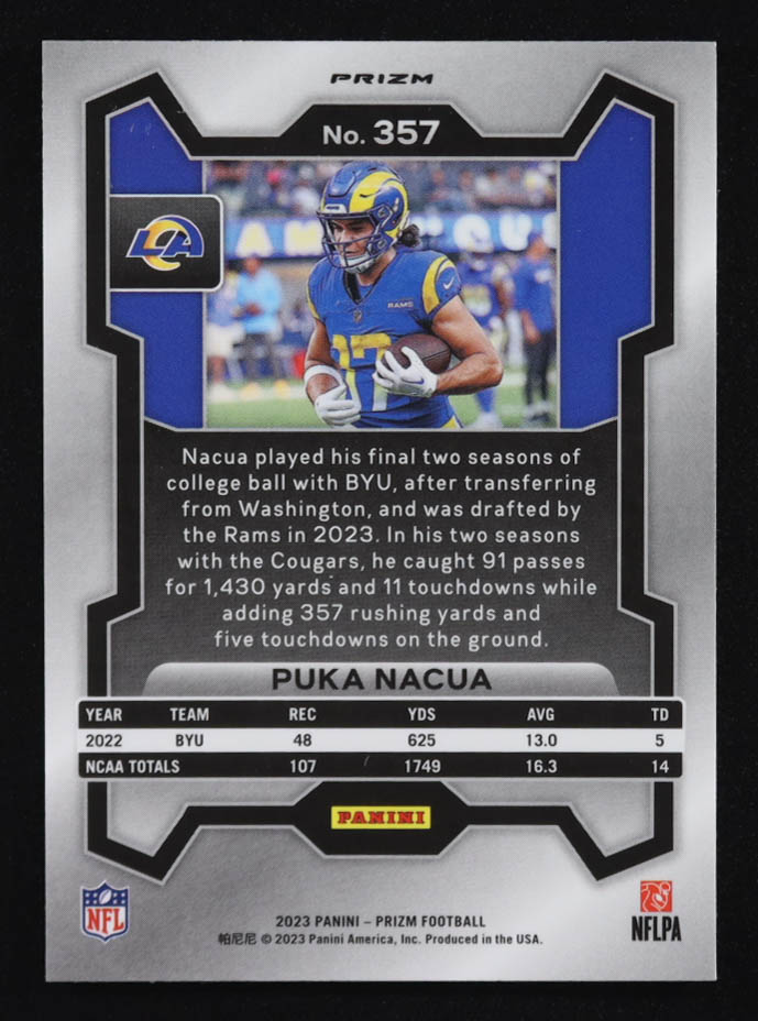 Puka Nacua 2023 Panini Prizm Prizms Red White and Blue #357 RC at PristineAuction.com Puka Nacua 2023 Panini Prizm Prizms Red White and Blue #357 RC at PristineAuction.com