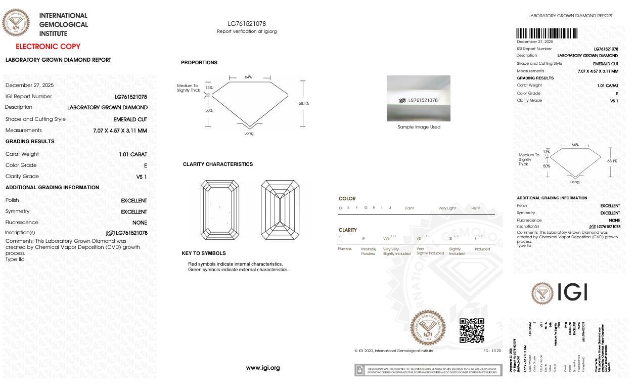 1.01 Carats Lab Grown Diamond Loose E, VS1 | (IGI Cert) at PristineAuction.com 1.01 Carats Lab Grown Diamond Loose E, VS1 | (IGI Cert) at PristineAuction.com