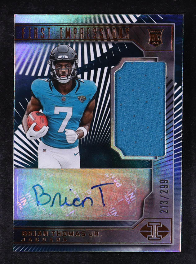 Brian Thomas Jr. 2024 Panini Illusions Trophy Collection Bronze JSY AU #108 #213/299 RC at PristineAuction.com Brian Thomas Jr. 2024 Panini Illusions Trophy Collection Bronze JSY AU #108 #213/299 RC at PristineAuction.com