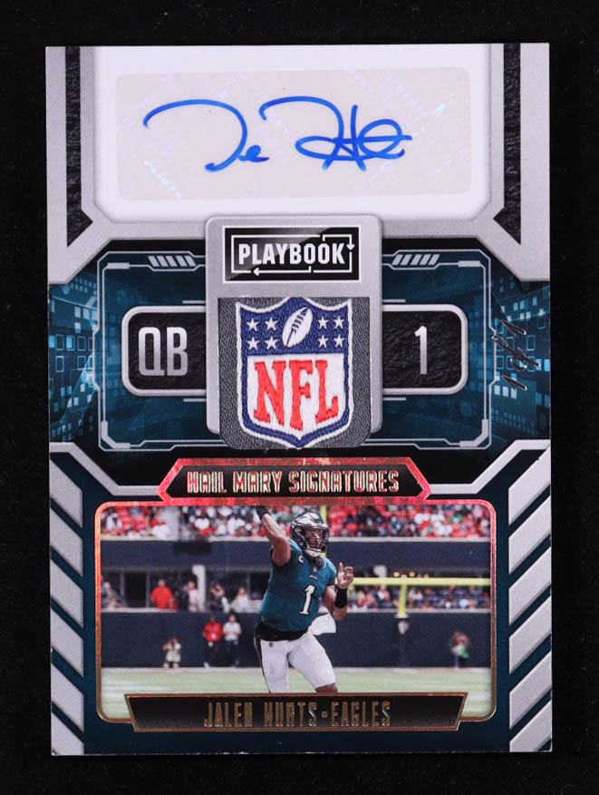 Jalen Hurts 2021 Panini Playbook Hail Mary Material Signatures Tag #8 #1/1 at PristineAuction.com Jalen Hurts 2021 Panini Playbook Hail Mary Material Signatures Tag #8 #1/1 at PristineAuction.com