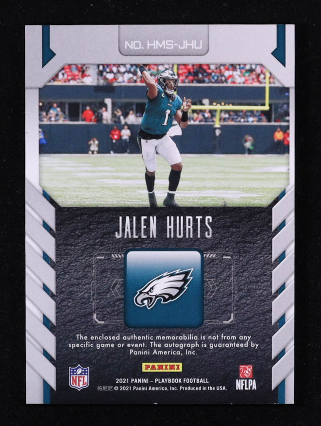 Jalen Hurts 2021 Panini Playbook Hail Mary Material Signatures Tag #8 #1/1 at PristineAuction.com Jalen Hurts 2021 Panini Playbook Hail Mary Material Signatures Tag #8 #1/1 at PristineAuction.com