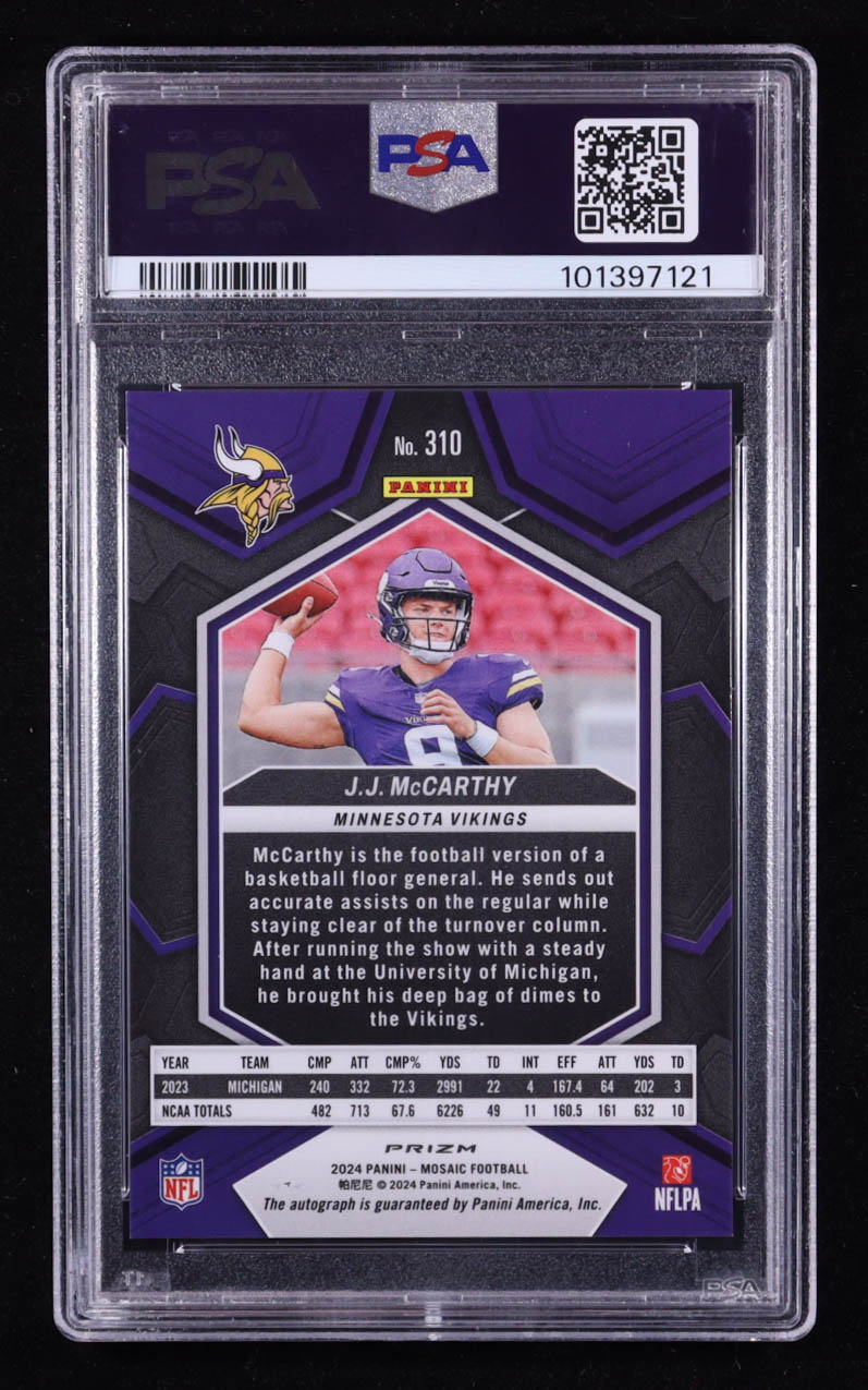 JJ McCarthy 2024 Panini Mosaic Rookie Autographs Mosaic #310 RC (PSA 9) at PristineAuction.com JJ McCarthy 2024 Panini Mosaic Rookie Autographs Mosaic #310 RC (PSA 9) at PristineAuction.com