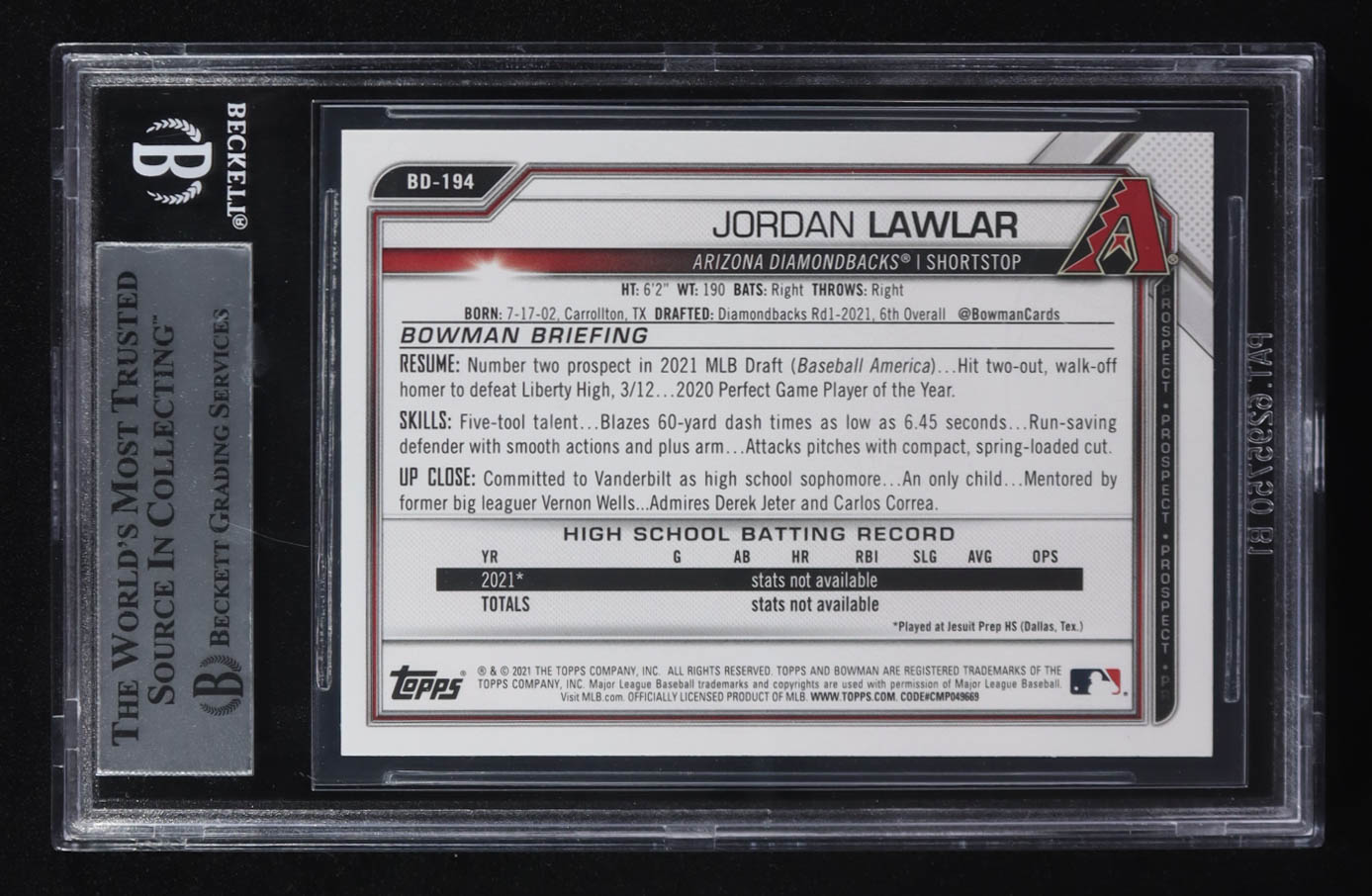 Jordan Lawlar Signed 2021 Bowman Draft #BD194 (BGS Authentic) at PristineAuction.com Jordan Lawlar Signed 2021 Bowman Draft #BD194 (BGS Authentic) at PristineAuction.com