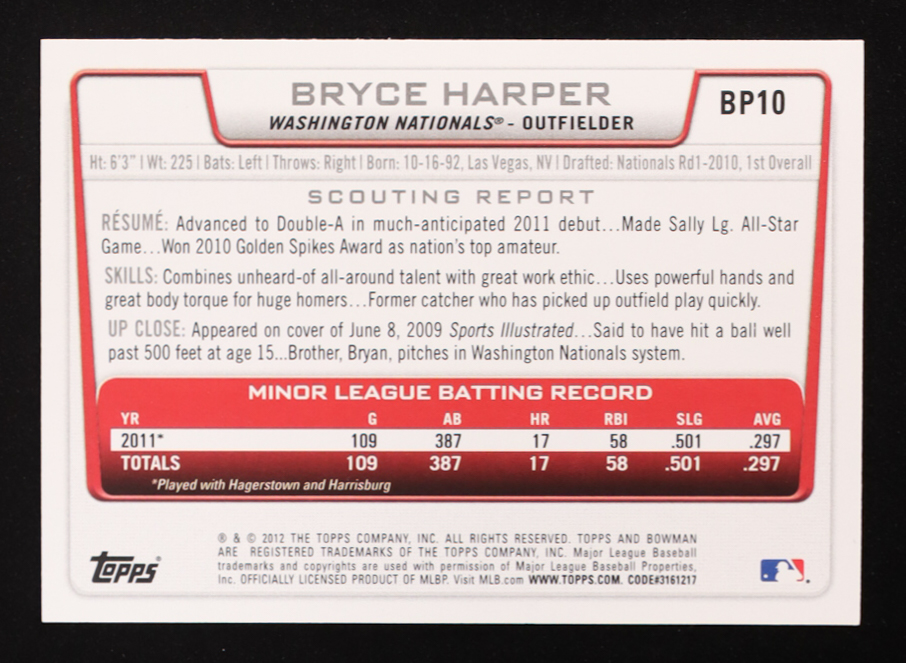 Bryce Harper 2012 Bowman Prospects #BP10 RC at PristineAuction.com Bryce Harper 2012 Bowman Prospects #BP10 RC at PristineAuction.com