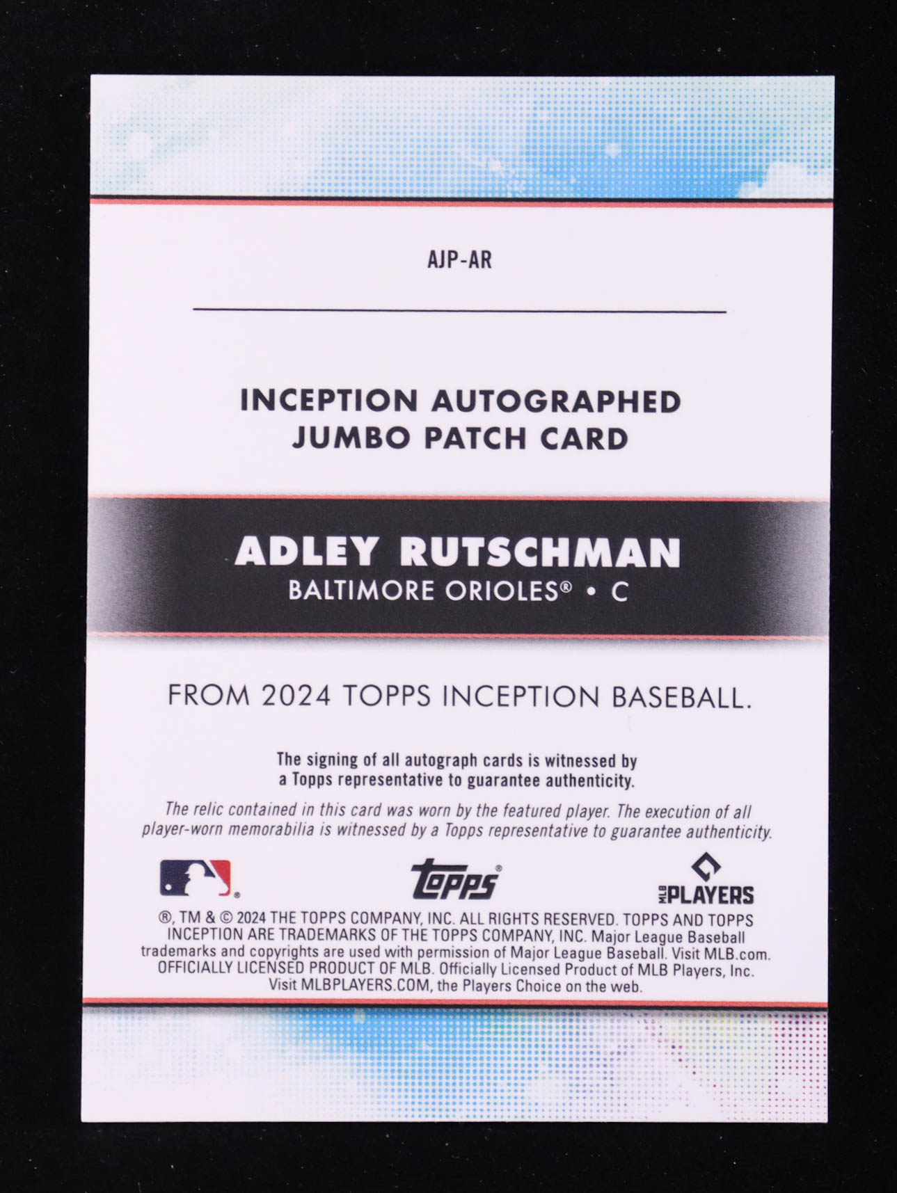 Adley Rutschman 2024 Topps Inception Jumbo Patch Autographs Aqua #AJPAR #07/50 at PristineAuction.com Adley Rutschman 2024 Topps Inception Jumbo Patch Autographs Aqua #AJPAR #07/50 at PristineAuction.com