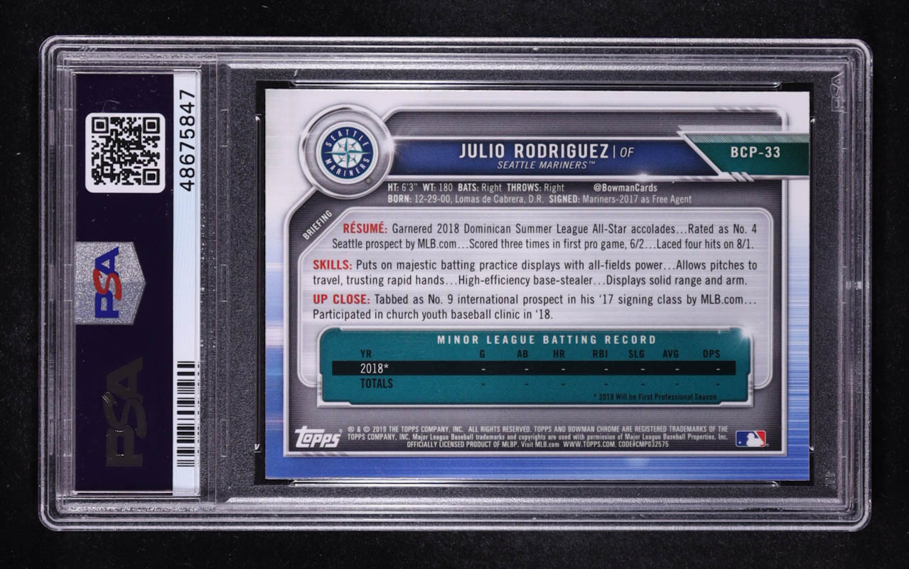 Julio Rodriguez 2019 Bowman Chrome Prospects #BCP33 RC (PSA 10) at PristineAuction.com Julio Rodriguez 2019 Bowman Chrome Prospects #BCP33 RC (PSA 10) at PristineAuction.com