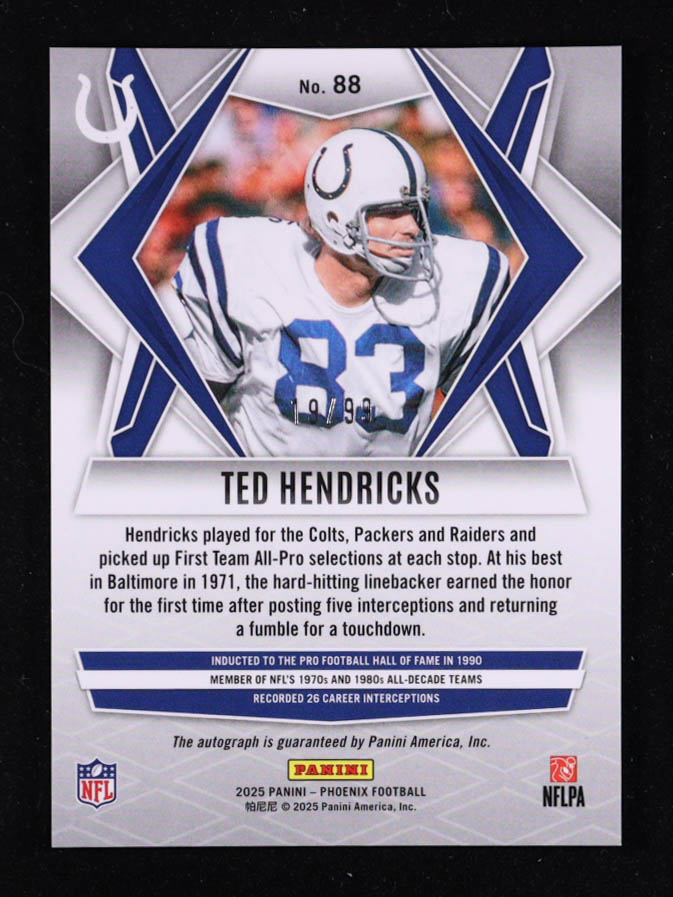 Ted Hendricks 2025 Panini Phoenix Autographs Red #88 #19/99 at PristineAuction.com Ted Hendricks 2025 Panini Phoenix Autographs Red #88 #19/99 at PristineAuction.com