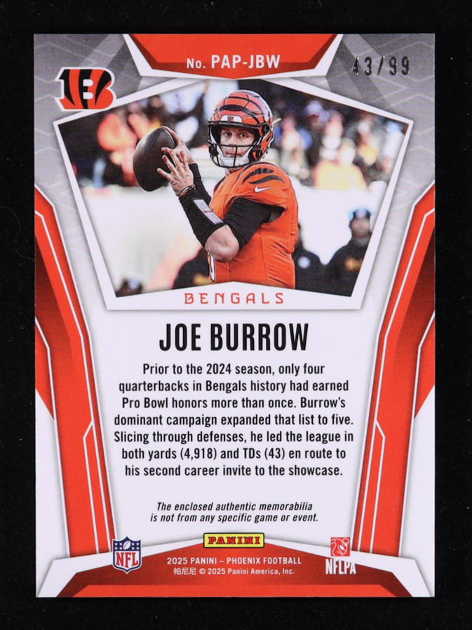 Joe Burrow 2025 Panini Phoenix Pandora Patches Green #4 #43/99 at PristineAuction.com Joe Burrow 2025 Panini Phoenix Pandora Patches Green #4 #43/99 at PristineAuction.com