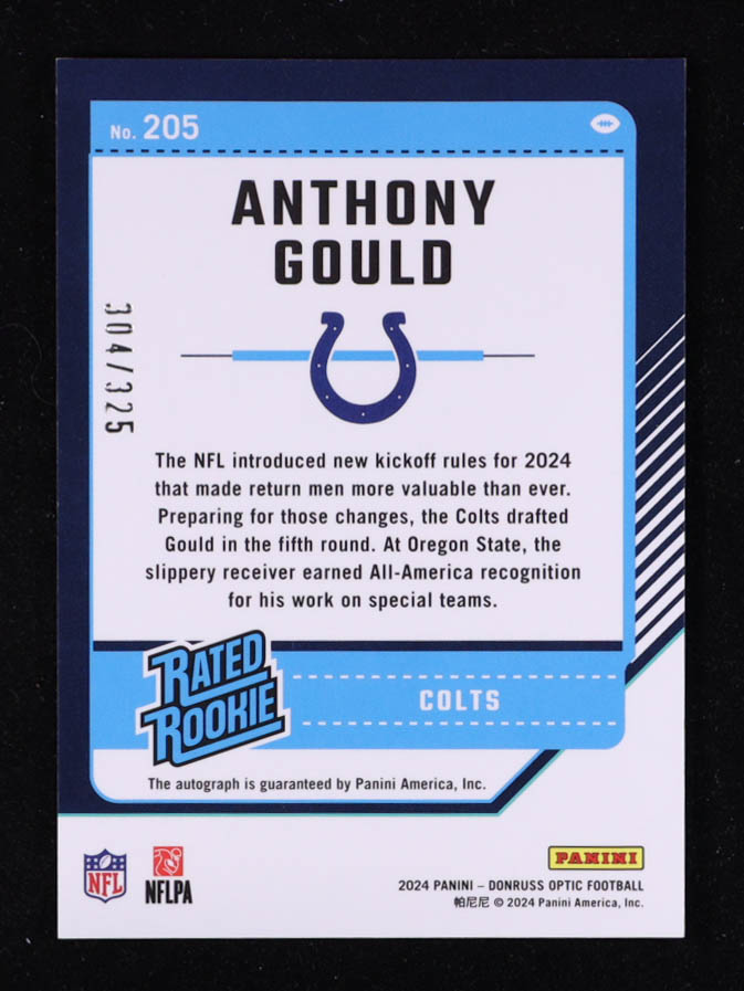 Anthony Gould 2024 Donruss Optic Rated Rookies RPS Autographs #205 #304/325 RC at PristineAuction.com Anthony Gould 2024 Donruss Optic Rated Rookies RPS Autographs #205 #304/325 RC at PristineAuction.com