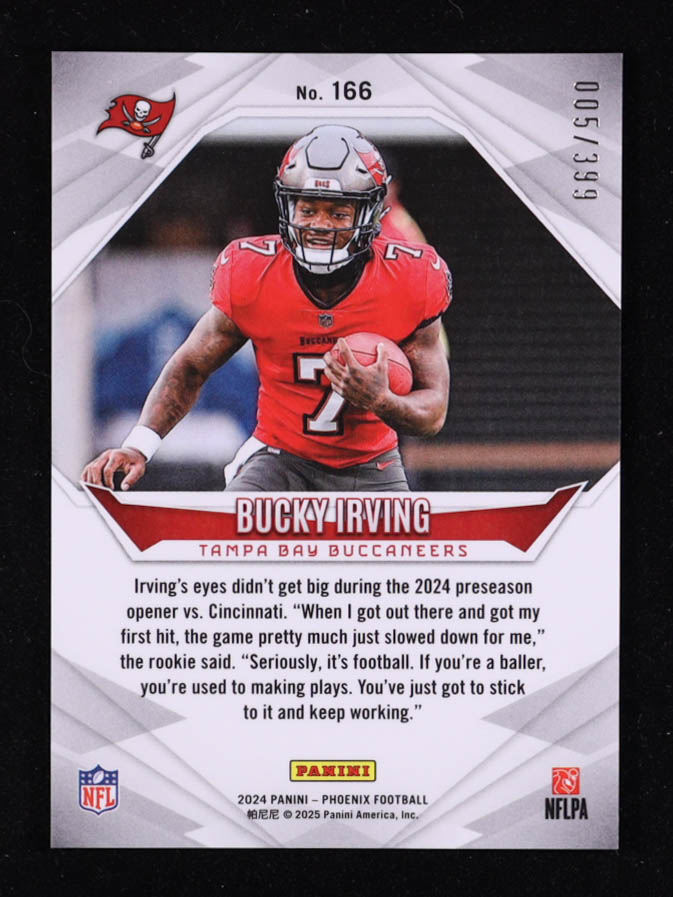 Bucky Irving 2024 Panini Phoenix Team Helmet #166 #005/399 RC at PristineAuction.com Bucky Irving 2024 Panini Phoenix Team Helmet #166 #005/399 RC at PristineAuction.com