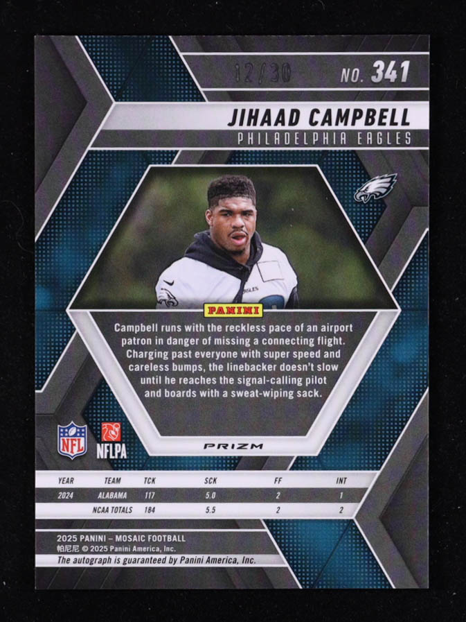 Jihaad Campbell 2025 Panini Mosaic Rookie Autographs Mosaic Green Spectris FOTL #341 #12/30 RC at PristineAuction.com Jihaad Campbell 2025 Panini Mosaic Rookie Autographs Mosaic Green Spectris FOTL #341 #12/30 RC at PristineAuction.com