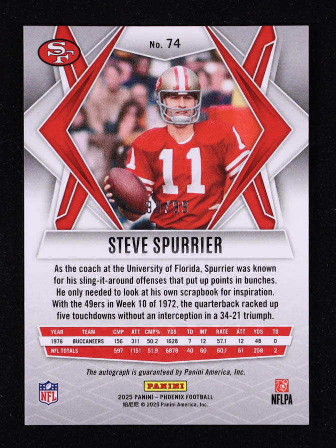 Steve Spurrier 2025 Panini Phoenix Autographs Red #74 #99/99 at PristineAuction.com Steve Spurrier 2025 Panini Phoenix Autographs Red #74 #99/99 at PristineAuction.com