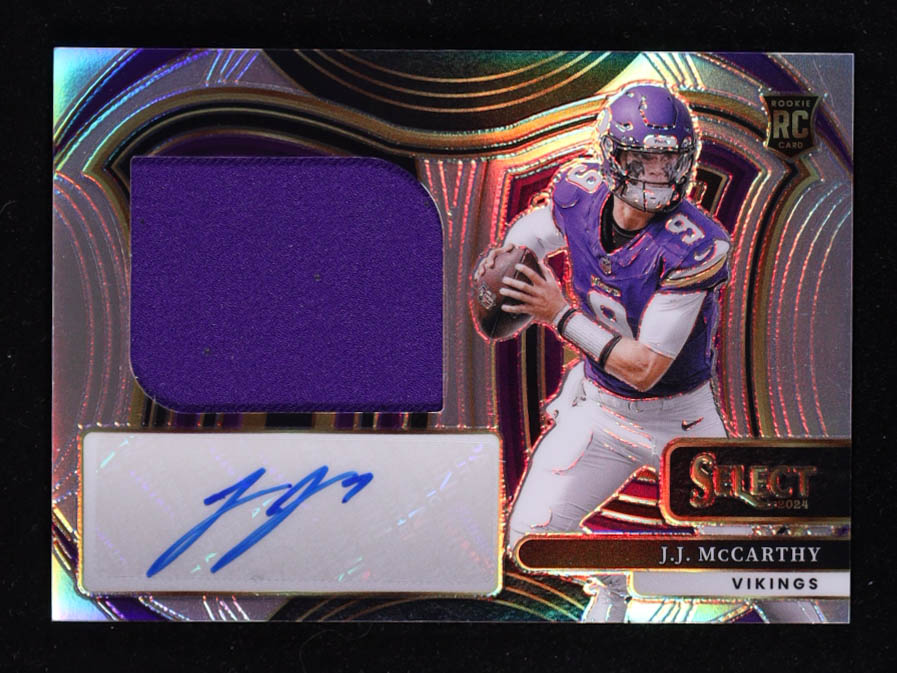 JJ McCarthy 2024 Select Jumbo Rookie Signature Swatches Prizm #1 #051/199 RC at PristineAuction.com JJ McCarthy 2024 Select Jumbo Rookie Signature Swatches Prizm #1 #051/199 RC at PristineAuction.com
