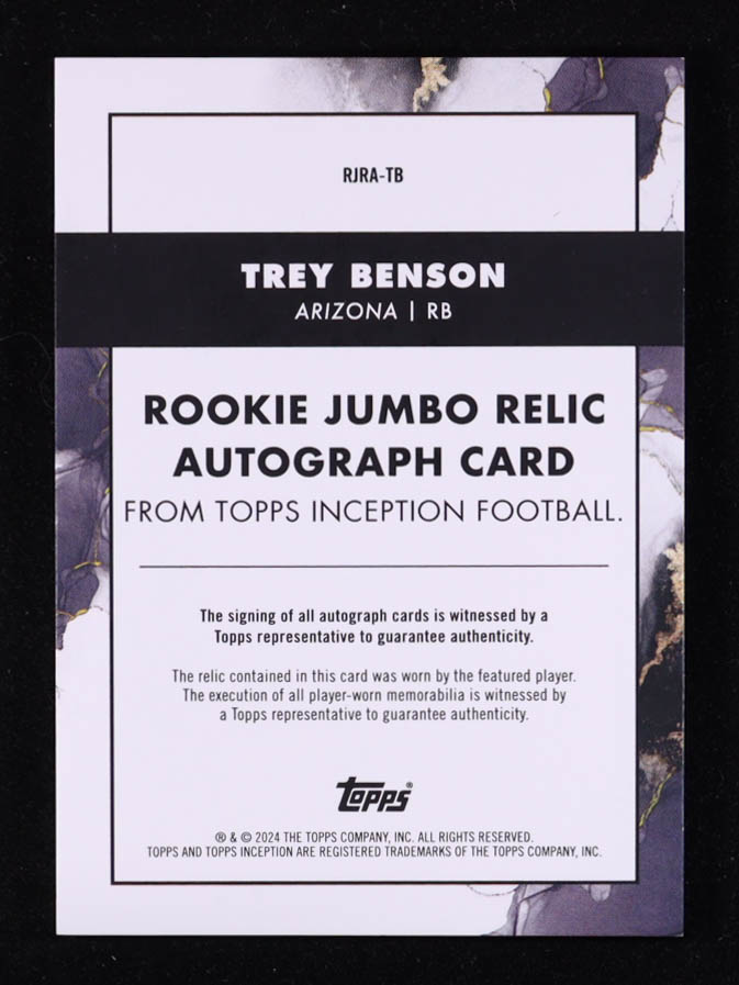 Trey Benson 2024 Topps Inception Rookie Jumbo Relic Autographs Orange #RJRATB #12/20 RC at PristineAuction.com Trey Benson 2024 Topps Inception Rookie Jumbo Relic Autographs Orange #RJRATB #12/20 RC at PristineAuction.com