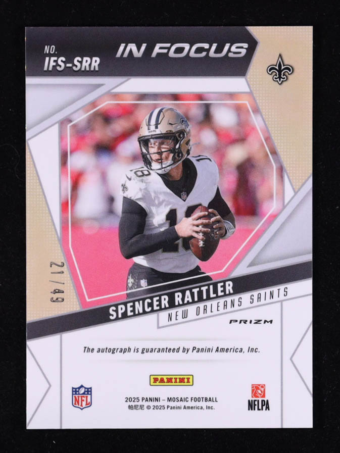 Spencer Rattler 2025 Panini Mosaic In Focus Signatures Purple #18 #21/49 at PristineAuction.com Spencer Rattler 2025 Panini Mosaic In Focus Signatures Purple #18 #21/49 at PristineAuction.com