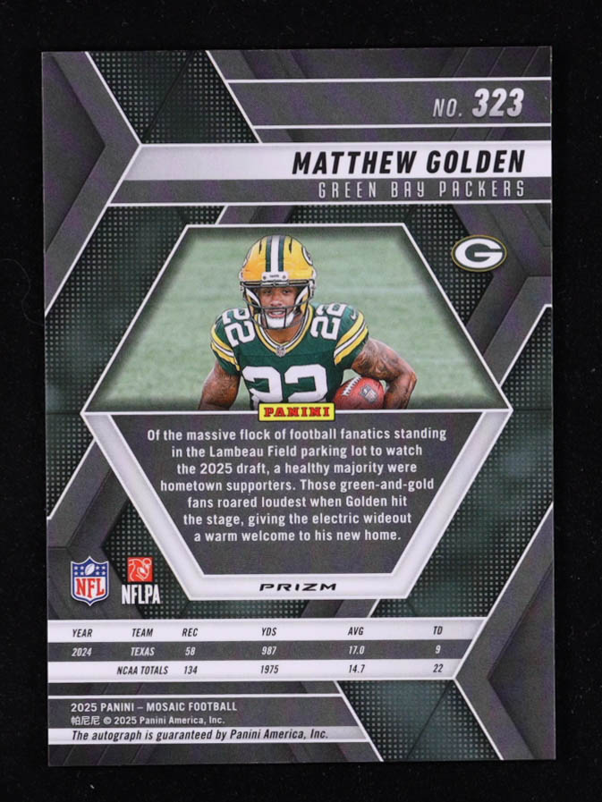Matthew Golden 2025 Panini Mosaic Rookie Autographs Mosaic #323 RC at PristineAuction.com Matthew Golden 2025 Panini Mosaic Rookie Autographs Mosaic #323 RC at PristineAuction.com