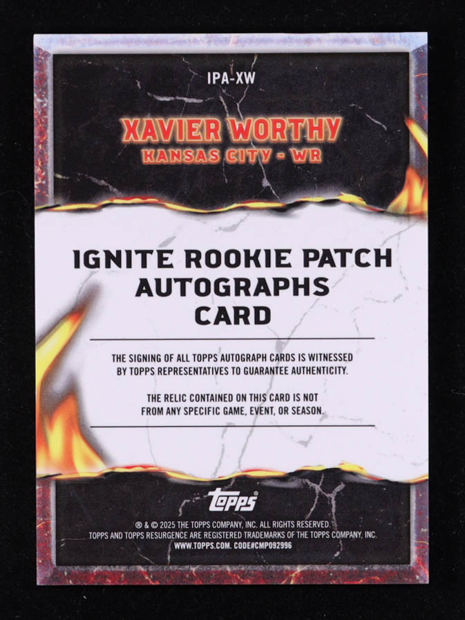 Xavier Worthy 2024 Topps Resurgence Ignite Rookie Patch Autographs White Surge #IPAXW #099/125 RC at PristineAuction.com Xavier Worthy 2024 Topps Resurgence Ignite Rookie Patch Autographs White Surge #IPAXW #099/125 RC at PristineAuction.com