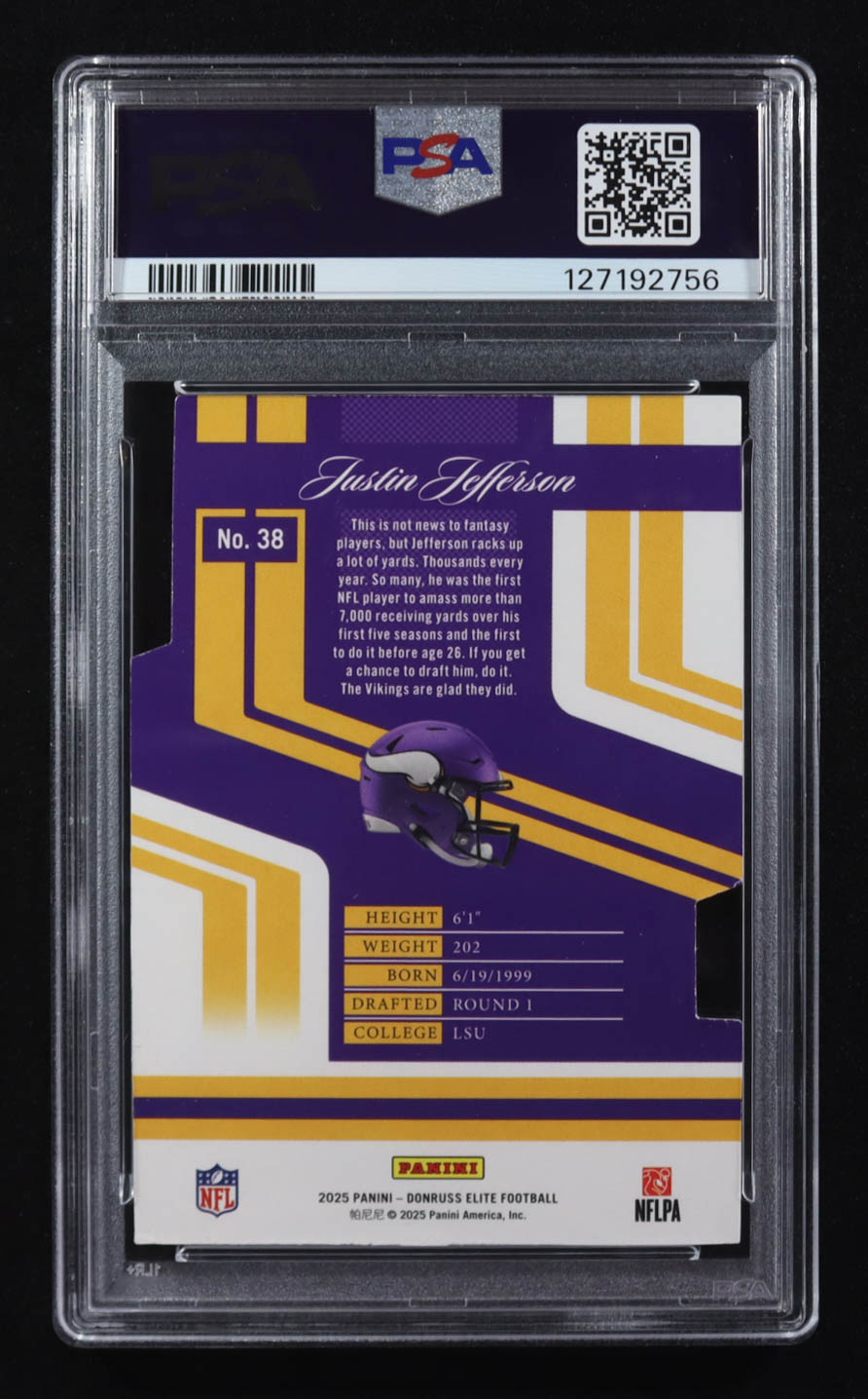 Justin Jefferson 2025 Donruss Elite '07 Elite Aspirations Die-Cut #38 #40/99 (PSA 7) at PristineAuction.com Justin Jefferson 2025 Donruss Elite '07 Elite Aspirations Die-Cut #38 #40/99 (PSA 7) at PristineAuction.com
