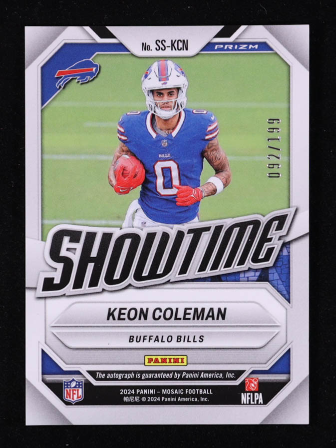 Keon Coleman 2024 Panini Mosaic Showtime Signatures Red #9 #092/199 RC at PristineAuction.com Keon Coleman 2024 Panini Mosaic Showtime Signatures Red #9 #092/199 RC at PristineAuction.com