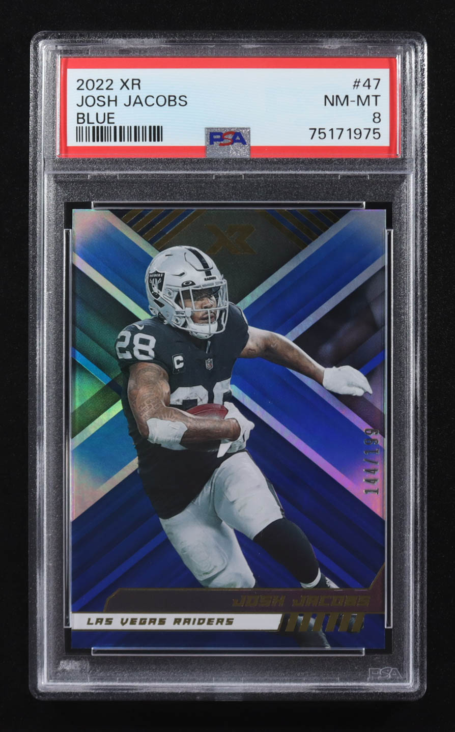 Josh Jacobs 2022 Panini XR Blue #47 #144/199 RC (PSA 8) at PristineAuction.com Josh Jacobs 2022 Panini XR Blue #47 #144/199 RC (PSA 8) at PristineAuction.com