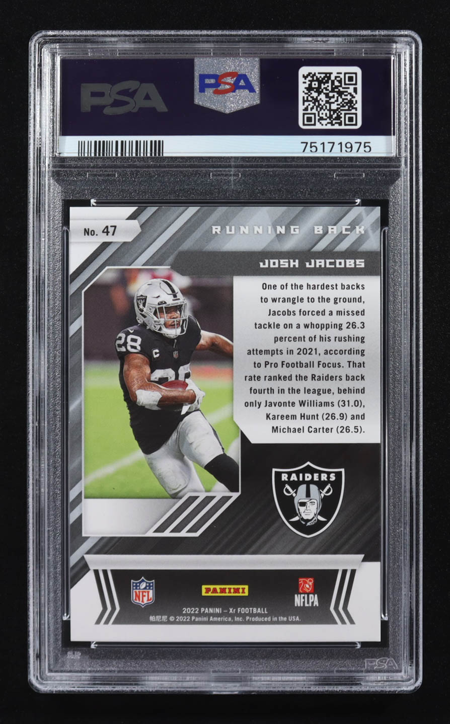 Josh Jacobs 2022 Panini XR Blue #47 #144/199 RC (PSA 8) at PristineAuction.com Josh Jacobs 2022 Panini XR Blue #47 #144/199 RC (PSA 8) at PristineAuction.com