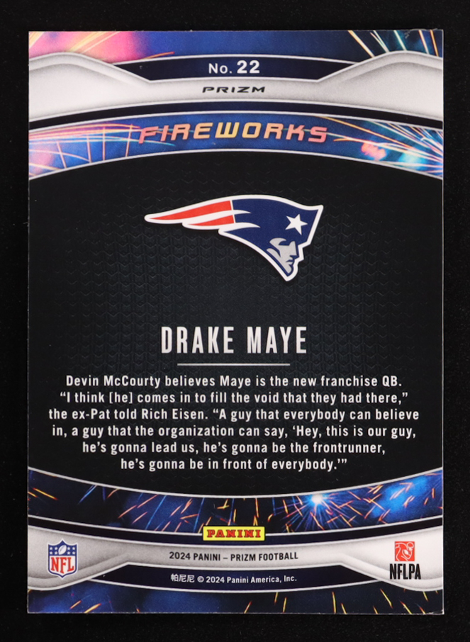 Drake Maye 2024 Panini Prizm Fireworks Prizms Green #22 RC at PristineAuction.com Drake Maye 2024 Panini Prizm Fireworks Prizms Green #22 RC at PristineAuction.com