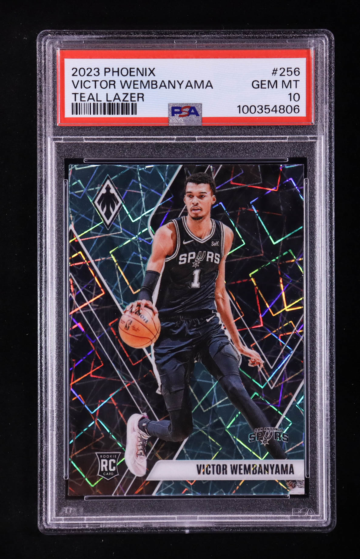 Victor Wembanyama 2023-24 Panini Phoenix Teal Lazer #256 RC (PSA 10) at PristineAuction.com Victor Wembanyama 2023-24 Panini Phoenix Teal Lazer #256 RC (PSA 10) at PristineAuction.com
