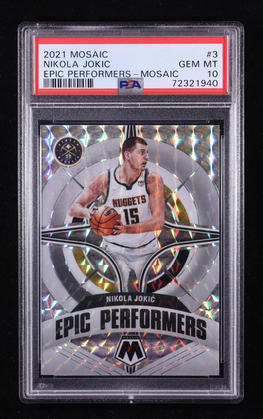 Nikola Jokic 2021-22 Panini Mosaic Epic Performers Mosaic #3 (PSA 10) at PristineAuction.com Nikola Jokic 2021-22 Panini Mosaic Epic Performers Mosaic #3 (PSA 10) at PristineAuction.com