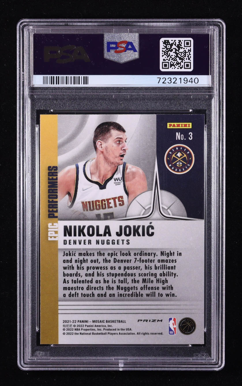 Nikola Jokic 2021-22 Panini Mosaic Epic Performers Mosaic #3 (PSA 10) at PristineAuction.com Nikola Jokic 2021-22 Panini Mosaic Epic Performers Mosaic #3 (PSA 10) at PristineAuction.com