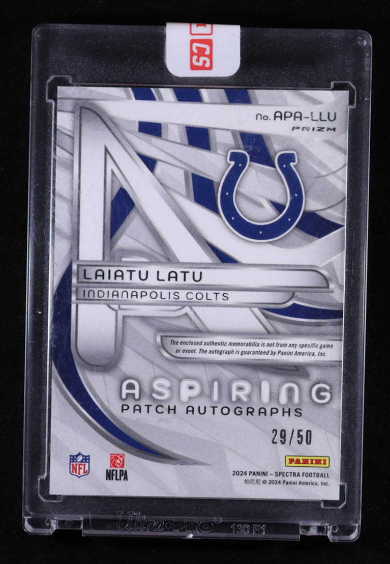 Laiatu Latu 2024 Panini Spectra Aspiring Patch Autographs Neon Blue #18 #29/50 RC at PristineAuction.com Laiatu Latu 2024 Panini Spectra Aspiring Patch Autographs Neon Blue #18 #29/50 RC at PristineAuction.com